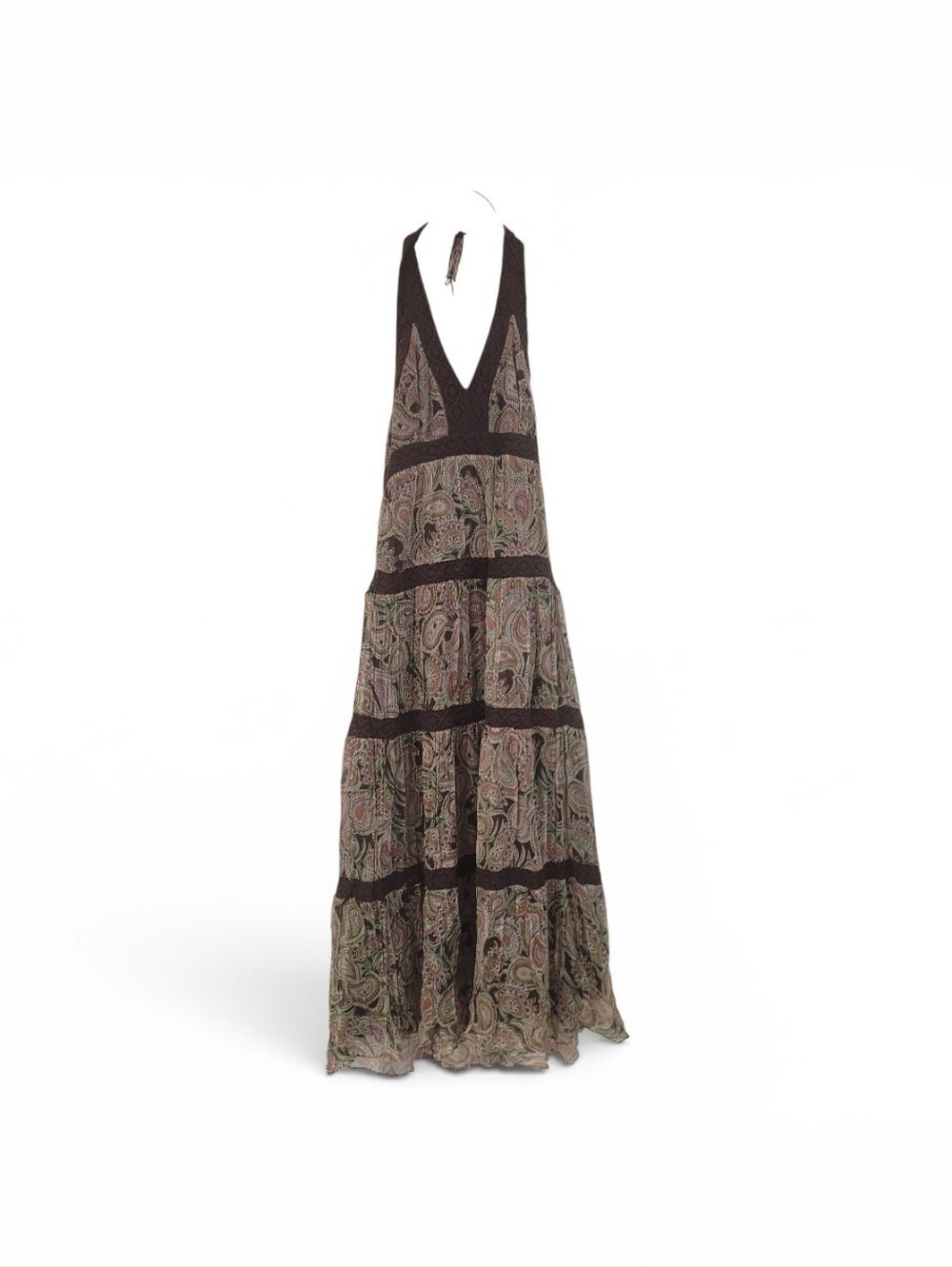 Vintage Spencer Jeremy Boho Silk Chiffon Halter Maxi Dress 8 Chrochet Paisley